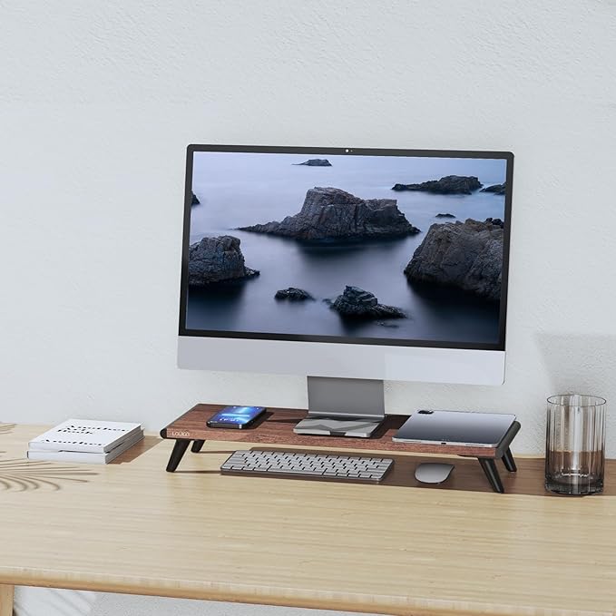 loukin Monitor Stand Riser for Desk, 22.4" x 8.3" Larger Computer Stand for Laptop, PC, Printer, Sturdy Desktop Computer Shelf with Non-Skid Rubber, Home Office (Brown)