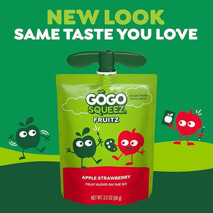 GoGo squeeZ Applesauce and Fruit Puree, Apple Strawberry, 3.2 oz (Pack of 48), Unsweetened Fruit Snacks for Kids, Gluten Free, Nut Free, Recloseable Cap, BPA Free Pouches (Packaging May Vary)