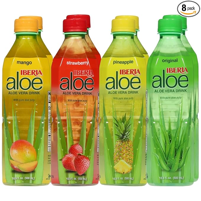 Iberia Aloe Vera Drink with Pure Aloe Pulp, Variety, (Pack of 8) 2 x Original, 2 x Mango, 2 x Pineapple, 2 x Strawberry