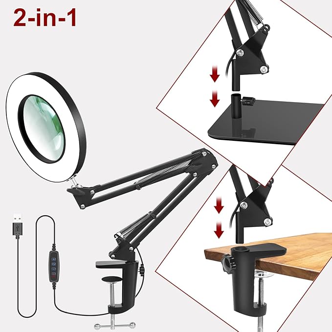 12X Magnifying Glass with Light and Clamp, Real Glass Stand Lighted Magnifier, 5 Color Modes Stepless Dimmable LED Desk Lamp Hands Free for Crafts Hobby Reading Painting Sewing Close Work