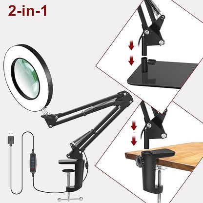 12X Magnifying Glass with Light and Clamp, Real Glass Stand Lighted Magnifier, 5 Color Modes Stepless Dimmable LED Desk Lamp Hands Free for Crafts Hobby Reading Painting Sewing Close Work