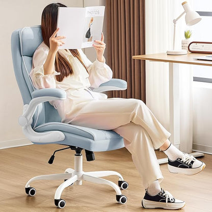 Executive Office Chair, Computer Desk Chair with Lumbar Support,Comfortable Leather Home Office Chairs 400lbs with Padded Flip-up Armrests, Adjustable Height, LightBlue