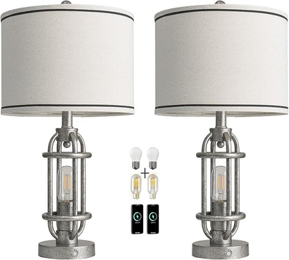 23.75'' Table Lamps Set of 2 for Living Room Bedroom Industrial Farmhouse Metal Touch Lamps with USB A+C Ports, Night Light Vintage Nightstand Bedside Lamp, Bulbs Included, Antique Silver