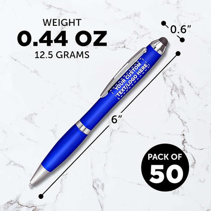 DISCOUNT PROMOS Custom Plastic Stylus Pens Set of 50, Personalized Bulk Pack - Black Ink, Great for Office, School, Business, Tradeshows, Events - Blue