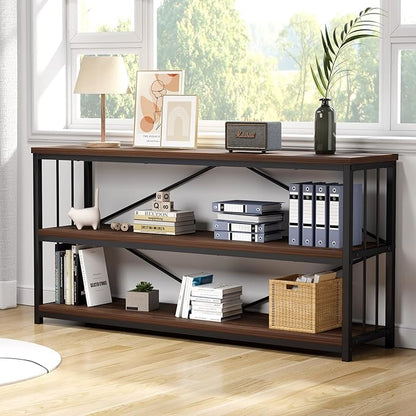 IBF Walnut Low Wide Bookcase, Vintage 63 Inch Long 3 Tier Open Book Shelf, Farmhouse Big Wood Metal Sturdy Bookshelf Display Case, Simple Large Etagere Bookshelves for Home Living Room Office Bedroom