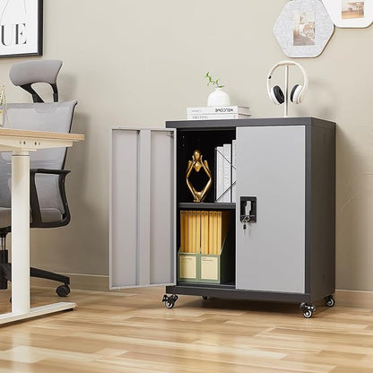 LUCYPAL Metal Storage Cabinet with Wheels,Garage Storage Cabinets with Locking Doors and Adjustable Shelves,Utility Tool Cabinet for Office,Home,Garage,Classroom,Black+Grey