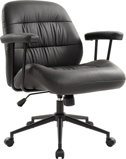 IWMH Home Office Chair, PU Leather Ergonomic Desk Chair with Armrests, Mid-Century Modern Executive Task Chairs, Height Adjustable (Black)