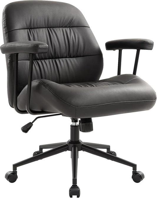 IWMH Home Office Chair, PU Leather Ergonomic Desk Chair with Armrests, Mid-Century Modern Executive Task Chairs, Height Adjustable (Black)