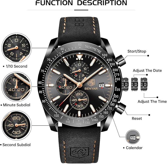 BY BENYAR Watch for Men Analog Quartz Chronograph Waterproof Luminous Designer Mens Wrist Watches Business Work Sport Casual Dress Watch with Silicone Strap Elegant Gifts for Men