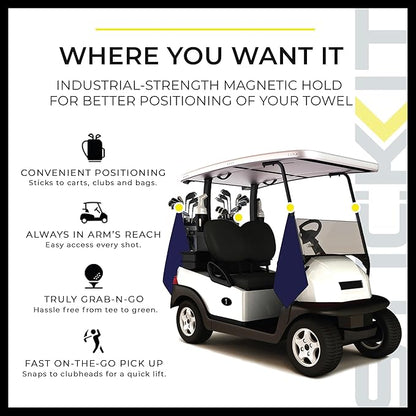 STICKIT Magnetic Golf Towel, Navy, Premium 29" Microfiber with Deep Waffle Pockets, Industrial Strength Magnet for Secure Hold to Golf Carts & Clubs, Ultra-Absorbent, Fast-Drying, Easy-Clean Design