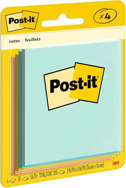 Post-it Notes, 3x3 in, 4 Pads, America's #1 Favorite Sticky Notes, Beachside Café Collection, Pastel Colors (Pink, Mint, Yellow), Recyclable (5401)