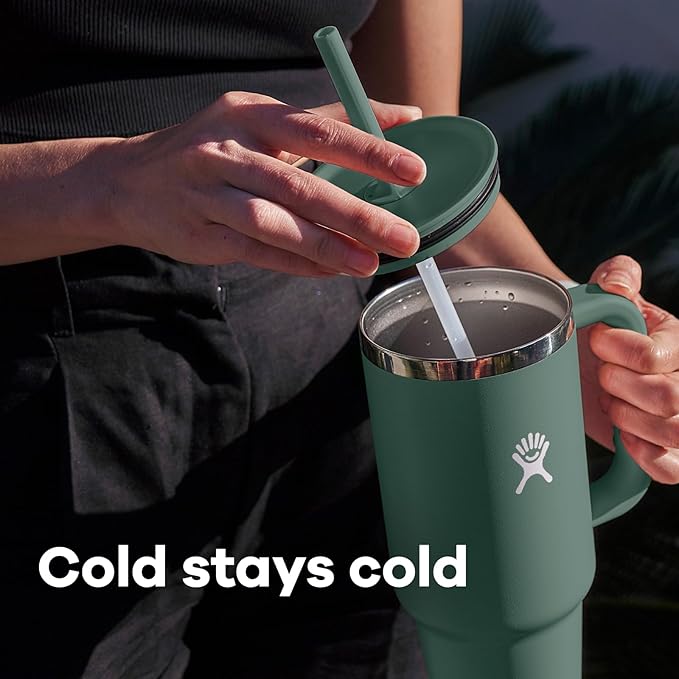 Hydro Flask Travel Tumbler with Handle, Lid and Straw - Insulated Stainless Steel in 40 Oz Stainless Steel Lime