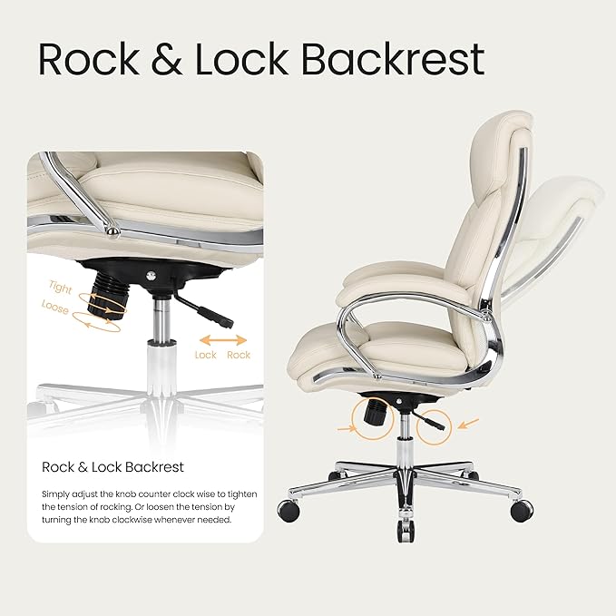 COLAMY Marcus Executive PU Leather Office Chair, High-Back Home Desk Chair Padded Seat & Back, Smooth-Rolling Casters – Luxury Ergonomic Desk Chair for Professional Workspaces (Beige)