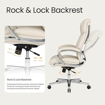 COLAMY Marcus Executive PU Leather Office Chair, High-Back Home Desk Chair Padded Seat & Back, Smooth-Rolling Casters – Luxury Ergonomic Desk Chair for Professional Workspaces (Beige)