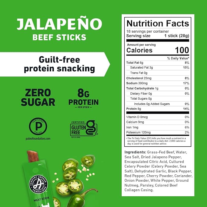 Country Archer Beef Jerky Sticks Jalapeno - Grass Fed Beef Sticks Individually Wrapped, Beef Sticks Bulk, Beef Jerky Snack Packs, Gluten Free, Paleo, Keto, Sugar Free - 1 oz Meat Sticks (Pack of 36)
