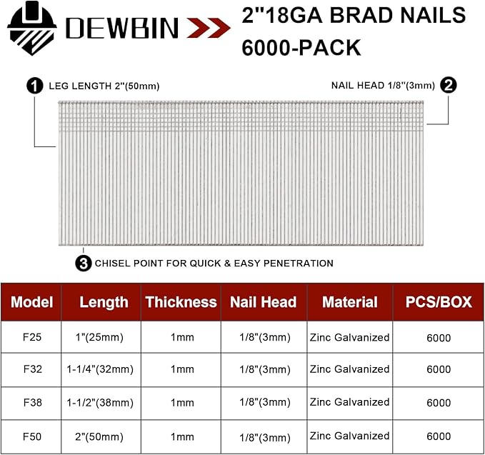 18 Gauge Brad Nails, 6000 Counts 2-inch 18 GA Brad Nails, Galvanized Nails for Nail Gun, Finishing Nail Gun Nails for Pneumatic, Electric Brad Nailer Gun