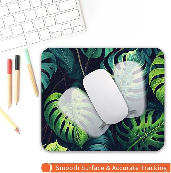 Square Mouse Pad Green Leaves, Personalized Premium-Textured Custom Mouse Mat Design, Washable Mousepad Cloth, Non-Slip Rubber Base Computer Mouse Pads for Wireless Mouse