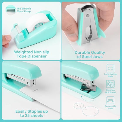Teal Office Supplies, Teal Office Supplies and Accessories, Mint Green Stapler and Tape Dispenser Set for Women, Green Office Desk Accessories, Office Gift for Women, Office Lady, Coworkers