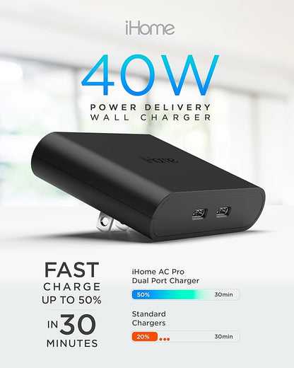 iHome Multiport 40W USB-C Charger, AC Pro 2-Port Flat Block, Dual Fast Charging Wall Adapter