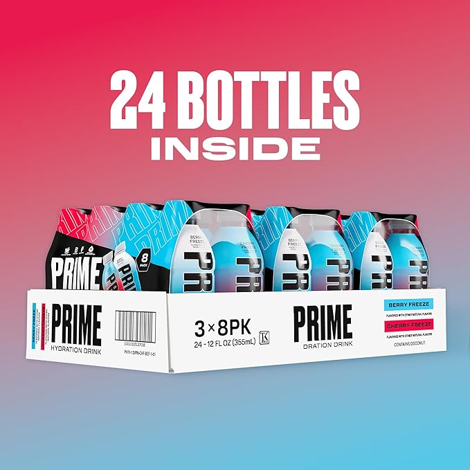 PRIME HYDRATION Duo - Blue Freeze & Cherry Freeze, Sports Drinks, Electrolyte Enhanced for Ultimate Hydration, 250mg BCAAs, B Vitamins, Antioxidants, Low Sugar, 12 Fl Oz (Pack of 24)