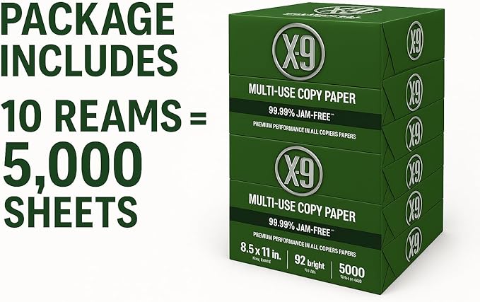 8.5 x 11 Copy Paper, 10 Reams (5000 Sheets), 20 lb White Printer & Copier Paper, 92 Brightness Multi-Use Letter Size - X-9 Series - Paper for Home, Office & School Printing