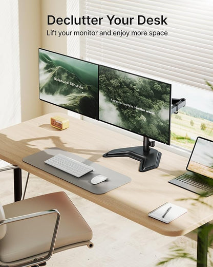 monTEK Stable Freestanding Dual Monitor Stand for 17–32” Computer Screens, Heavy-Duty Desk Mount with 22 lbs per Arm, Fully Adjustable Brackets and Arms, Solid V-Shaped Base, VESA 100×100mm Max