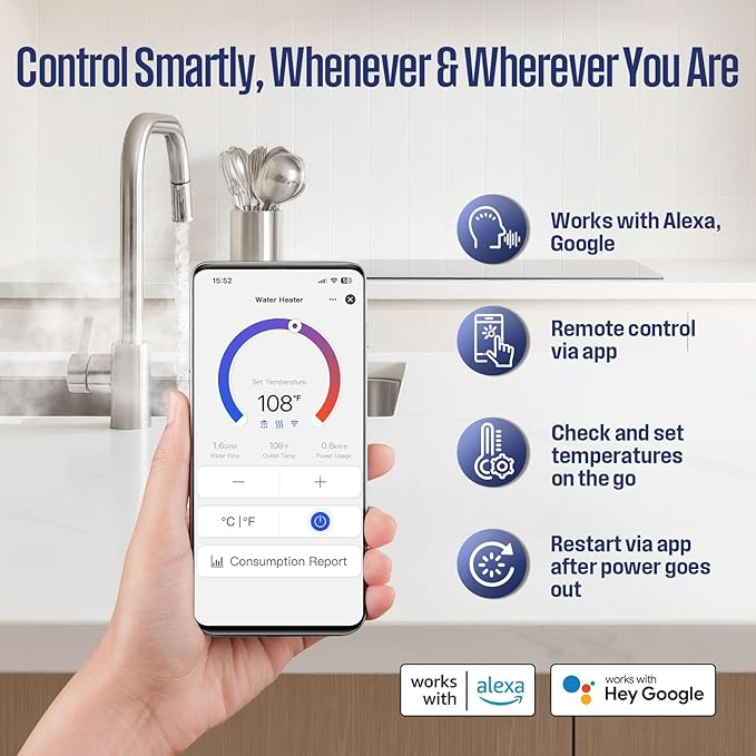Westinghouse Apolo Mini 8kW Tankless Water Heater Electric, 240V Instant Hot Water, Smart WiFi Control, Compatible with Alexa & Google Home, Gray