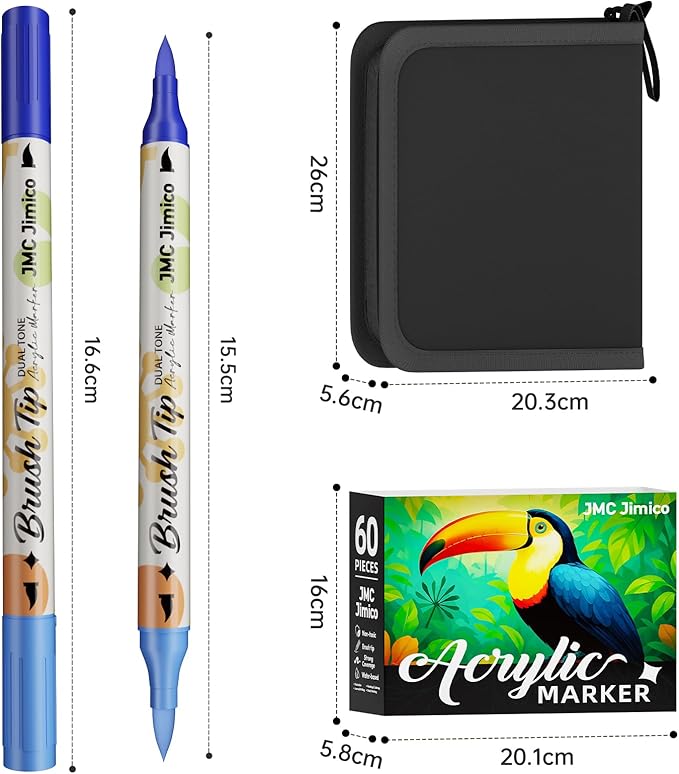 Acrylic Paint Markers Pro Set, 60 Pieces, Dual-Color Brush Tips, Waterproof, No Bleeding, Black Case with Floral Design, 1-5mm Line Width, for Drawing, Journaling, Coloring Book