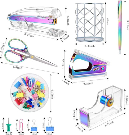 Famassi Dream Color Acrylic Stapler and Tape Dispenser Set, Office Supplies with Tape Dispenser, Stapler Remover, 2 Ballpoint Pen, Scissor, Binder Clips, Paper Clips and 1000pcs Staples