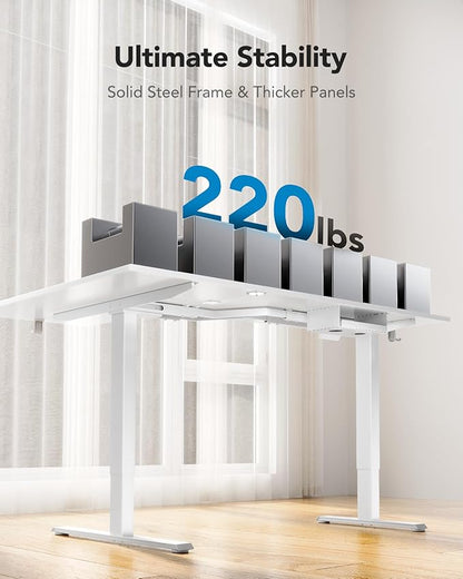 HUANUO 63x40 inch Dual Motor L Shaped Electric Standing Desk with 3 Preset Heights, Electric Height Adjustable Computer Table, 2 Hooks & Cable Tray, Raising Desk for Home Office, White