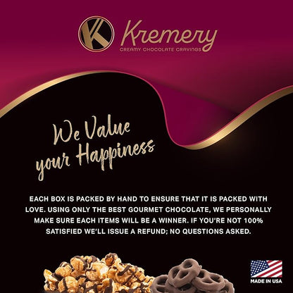 KREMERY Creamy Chocolate Cravings - Thanksgiving Chocolate Covered Pretzels & Caramel Popcorn Gift Basket, in Seagrass Tray + Ribbon (Premium, 2.5 lbs) Holiday Xmas Christmas
