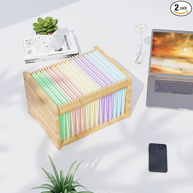 2 Pack Bamboo Hanging File Organizer, Office Desk File Organizer for Letter Size, Wood Hanging File Folders Organizer Record Holder Storage Stand Bookshelf Easy Assembly, Natural