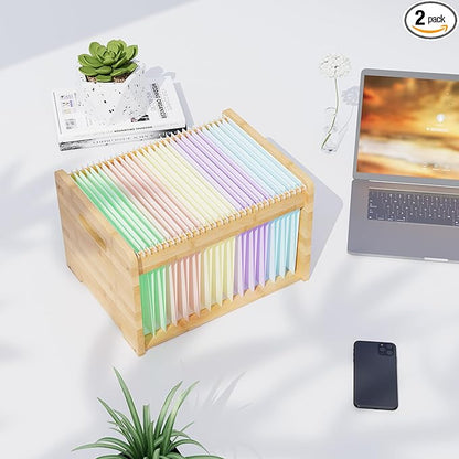 2 Pack Bamboo Hanging File Organizer, Office Desk File Organizer for Letter Size, Wood Hanging File Folders Organizer Record Holder Storage Stand Bookshelf Easy Assembly, Natural