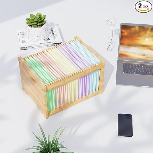 2 Pack Bamboo Hanging File Organizer, Office Desk File Organizer for Letter Size, Wood Hanging File Folders Organizer Record Holder Storage Stand Bookshelf Easy Assembly, Natural