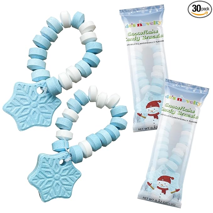 4E's Novelty Christmas Candy Bracelets - 30-Pack Snowflake Stretchable Bulk Candies Individually Wrapped, Fun Christmas Stocking Stuffers & Party Favor Candy for Kids, Blue & White Candies Bracelet