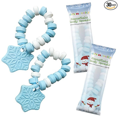 4E's Novelty Christmas Candy Bracelets - 30-Pack Snowflake Stretchable Bulk Candies Individually Wrapped, Fun Christmas Stocking Stuffers & Party Favor Candy for Kids, Blue & White Candies Bracelet