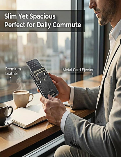 Men's Slim Wallet, RFID Blocking Metal Card Holder, Pop Up Design, Minimalist Style, Holds 9 Cards (Black)