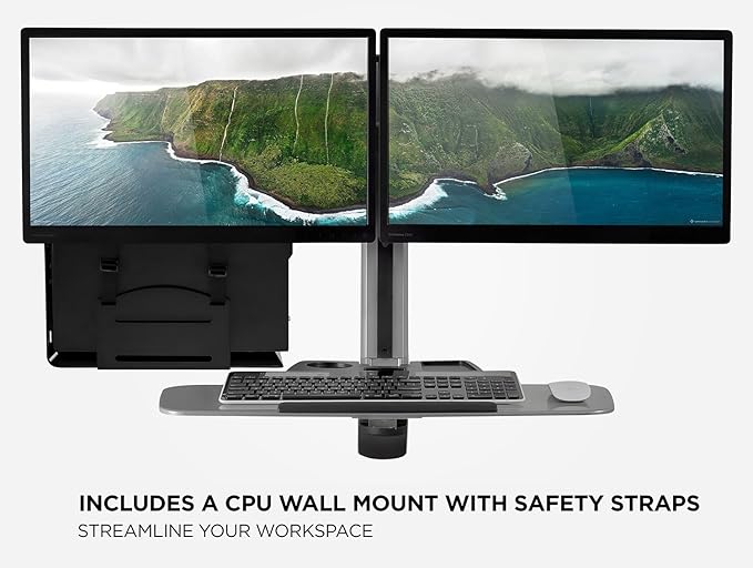 Mount-It! Sit Stand Dual Monitor Wall Mount Workstation & Stand Up Computer Station with Articulating Keyboard Tray Arm and CPU Holder