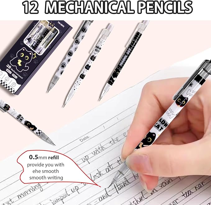 12Pcs Black Cute Cat Mechanical Pencils with Eraser 0.5mm Kawaii Cartoon Cat Mechanical Pencil School Pencil Cat Gifts for Women Man