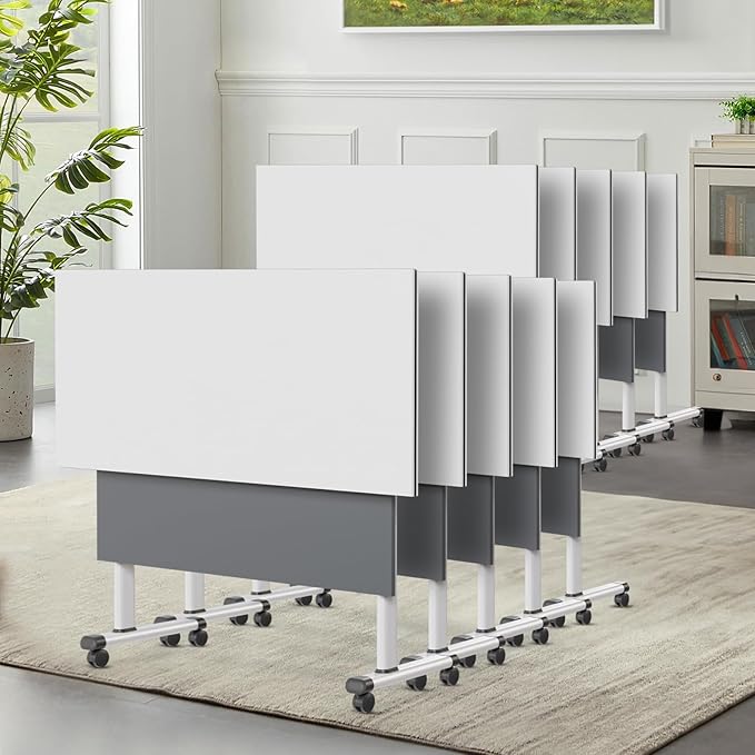 Conference Room Table, 55 Inch Folding Conference Tables with Wheels, Modern Office Meeting Table, Easy Flip & Nest Design, Rectangular Seminar Tables with Metal Frame for 2-24 People(G 10PCS)