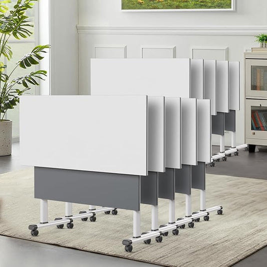 Conference Room Table, 55 Inch Folding Conference Tables with Wheels, Modern Office Meeting Table, Easy Flip & Nest Design, Rectangular Seminar Tables with Metal Frame for 2-24 People(G 10PCS)