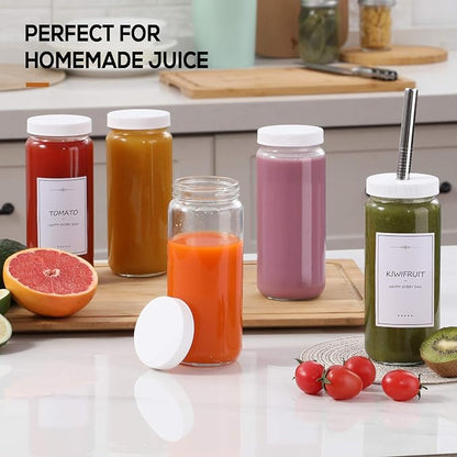 [ 8 Pack ] Glass Juicing Bottles with 2 Straws & 2 Lids w Hole- 16 OZ Travel Drinking Jars, Water Cups with White Airtight Lids, Reusable Tall Mason Jar for Juice, Bubble Tea, Smoothie, Tea, Kombucha