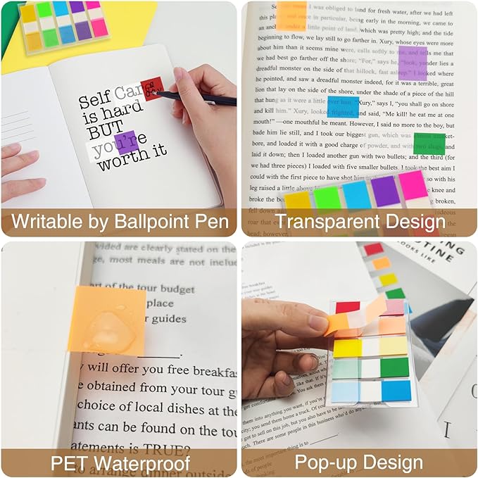KICNIC Sticky Tabs 1000 Pcs (1.77 * 0.47 in),Fluorescent Pop Up Book Tabs, Adhesive Index Tabs for Annotating Books, Page Marker Flags, Reusable for School, Binder, Office, 8 Dispensers (10 Colors)