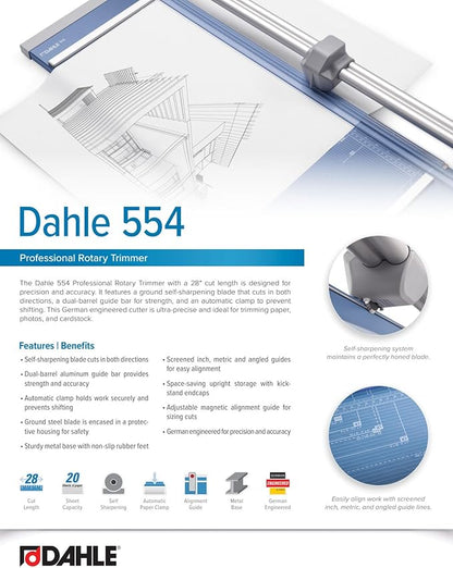Dahle 554 Professional Rotary Trimmer, 28" Cut Length, 20 Sheet Capacity, Self-Sharpening, Dual Guide Bar, Automatic Clamp, German Engineered Paper Cutter