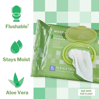 McKesson Flushable* Adult Wet Wipes XL – 576 Wipes (6 Pack of 96) – Aloe & Vitamin E, Plant-Based Cleansing Wipes, Unscented, Extra Large