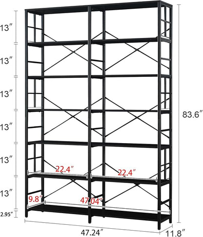 HOMISSUE Bookshelf, Industrial Double Wide 7-Tier Bookshelves, 84" Tall Bookcase with Open Shelves, Heavy Duty Bookcases with Storage for Living Room Home Office, Black