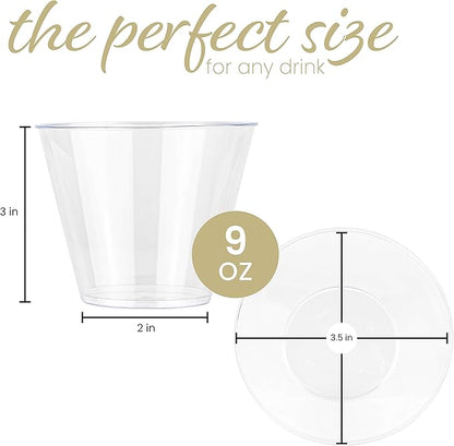 PLASTICPRO 9 oz Disposable Plastic Party Cups,Old fashioned Designed Tumblers, 100 Count, Crystal Clear