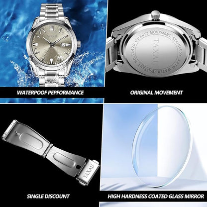 Mens Silver Watch Luxury Minimalist Dress Watch Classic Waterproof Watches for Men Analog Quartz Stainless Steel Men's Wrist Watches with Date Luminous Relojes para Hombres