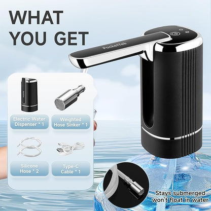 5 Gallon Water Pump Dispenser – Rechargeable & Foldable Electric Water Jug Pump, USB Charging Water Bottle Pump with 2 Silicone Hoses & 304 Stainless Steel Weight, for Camping/Home/Office
