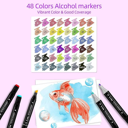 48 Colors Alcohol Markers, Dual Tip Art Markers with Fine Tip & Chisel Tips, Artist Art Sketch for Adults Coloring Illustration Book Painting Card Making